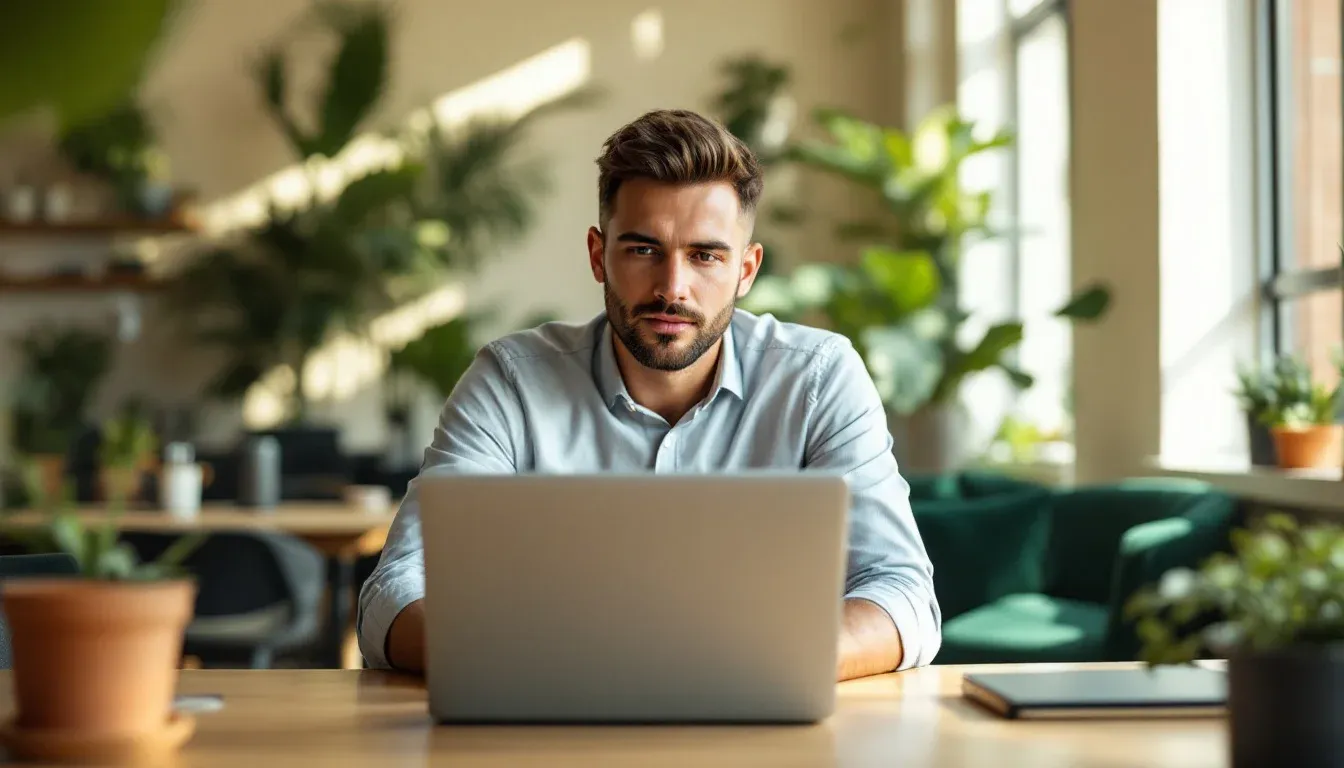 A sales professional working at a laptop in a modern Australian office