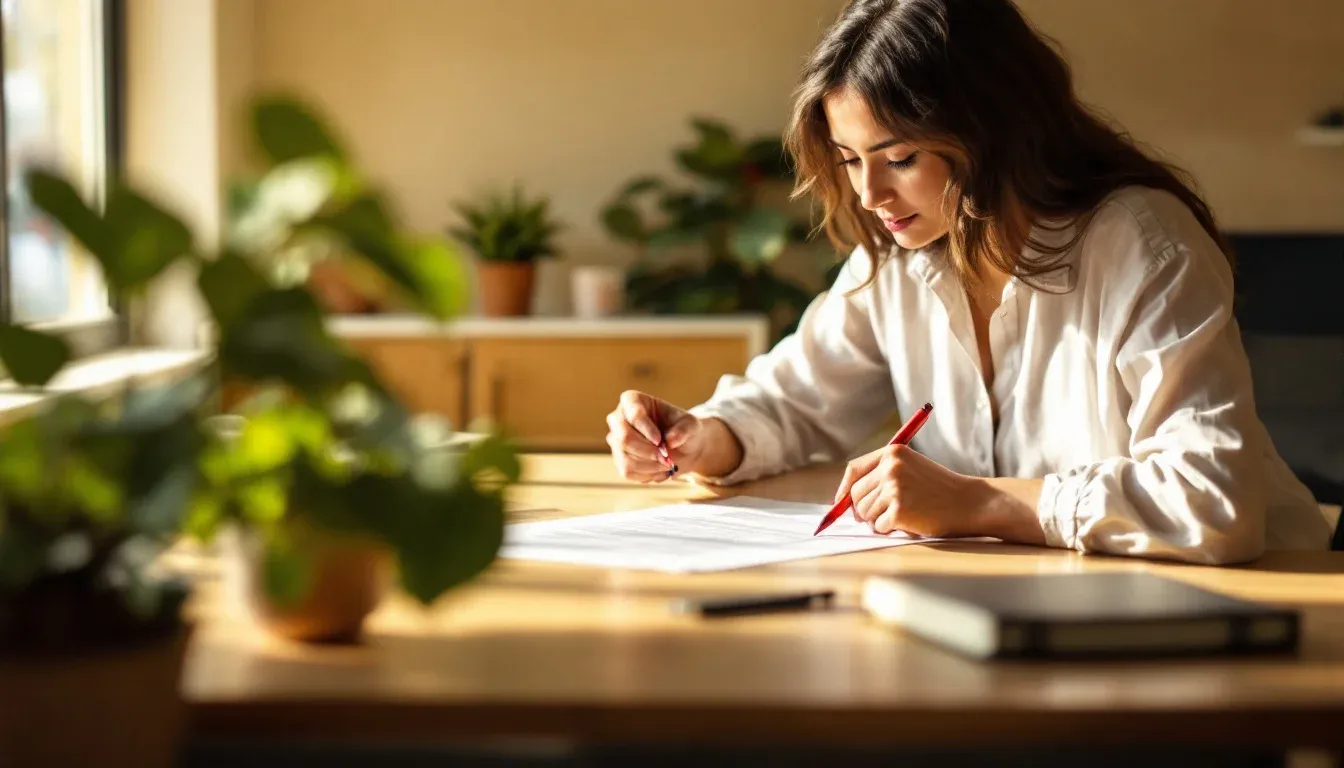 A person editing a printed document with a pen at a desk