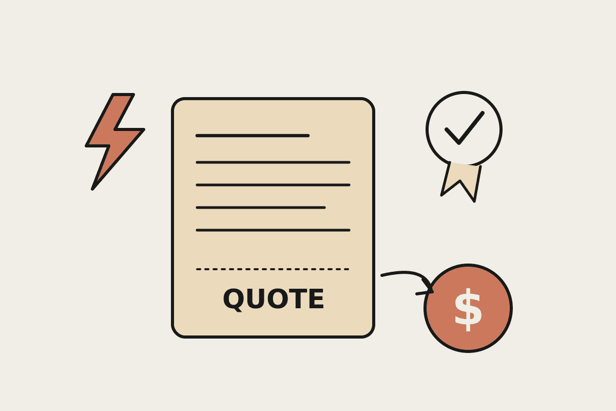 An electrician's quote sheet beside a compliance certificate seal and a terracotta dollar coin, with an arrow chasing payment