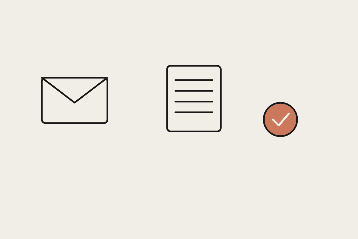An envelope, a document, and a terracotta checkmark