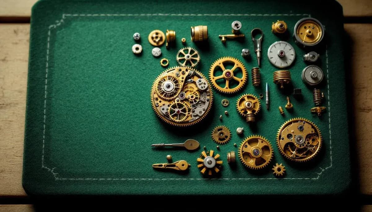 Disassembled pocket watch movement with brass gears arranged on green felt beside tweezers