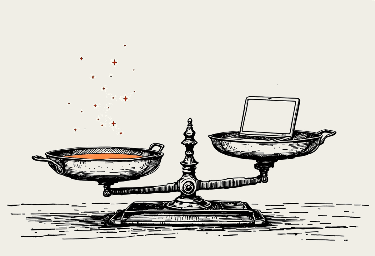 Hand-drawn balance scale weighing two laptops, one side highlighted in terracotta
