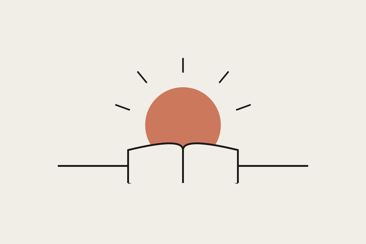 An open book in front of a rising sun, drawn in notebook style