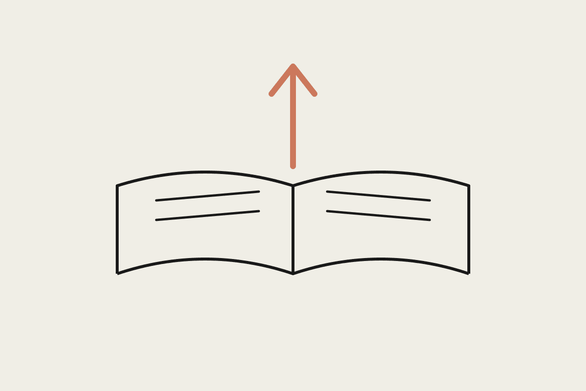 An open book with an upward arrow rising from it, drawn in notebook style