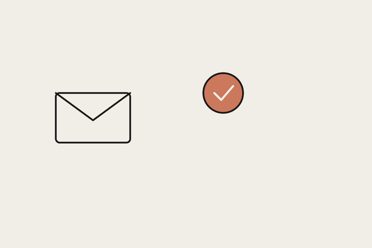 An open envelope beside a terracotta approval checkmark, representing a reviewed onboarding email