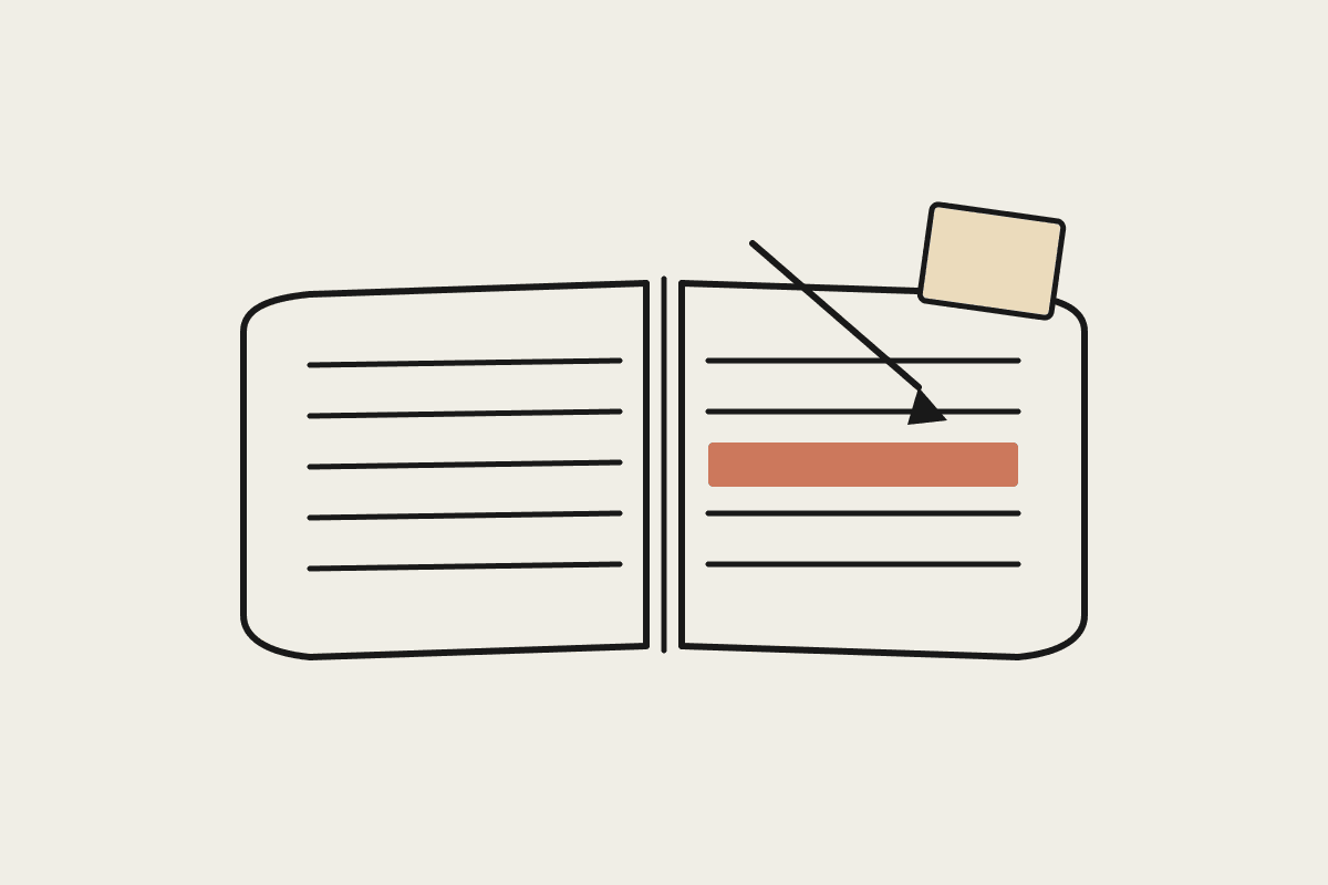 An open ledger book illustration with one loan repayment row highlighted in terracotta, a pen resting across the page.