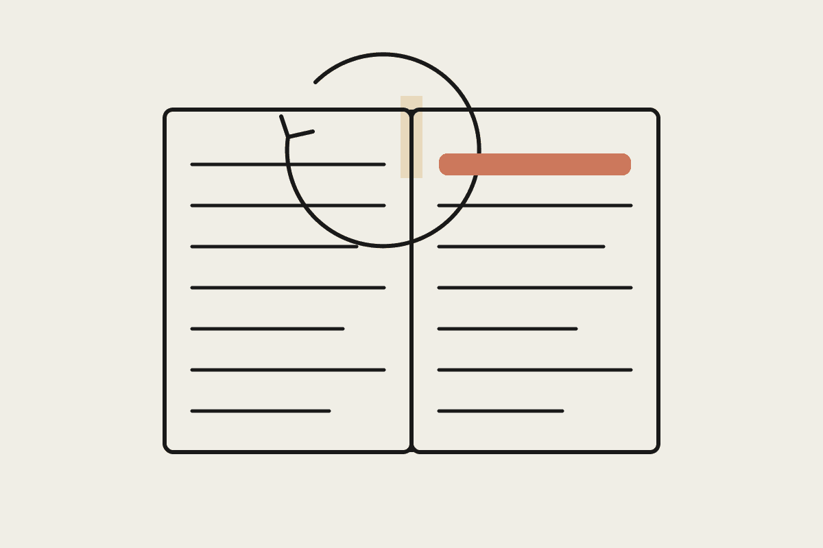An open ledger book with one row on the right-hand page highlighted in terracotta, a looping renewal arrow above it