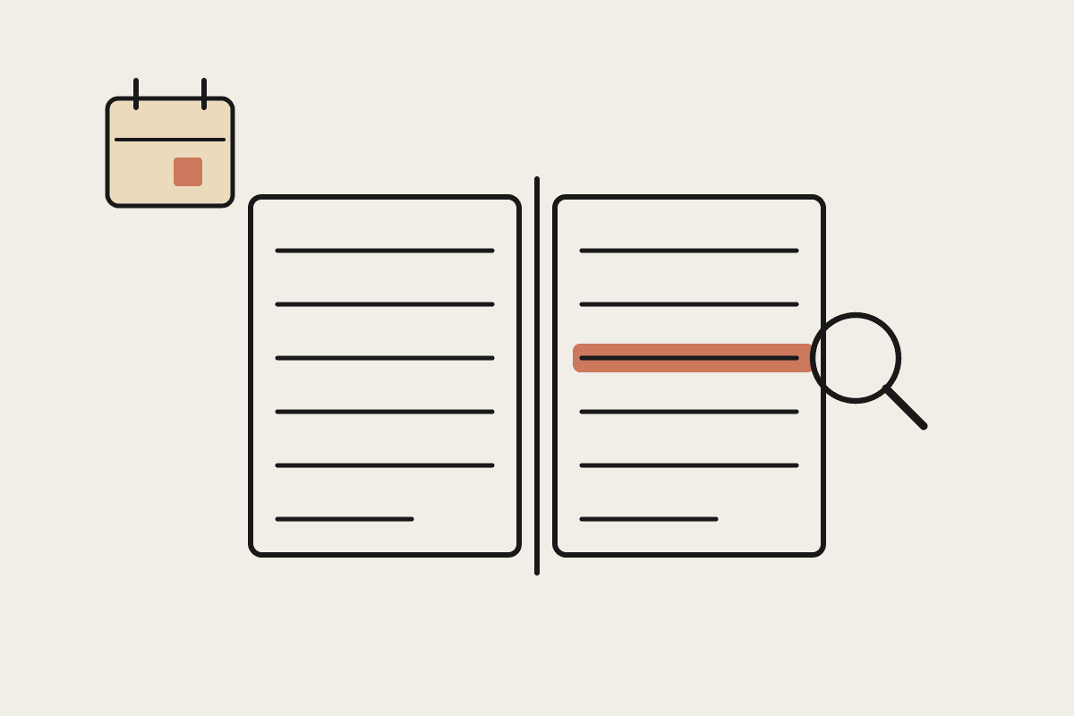 An open ledger with one loan entry highlighted in terracotta under a magnifying glass, beside a small calendar marking the annual review date