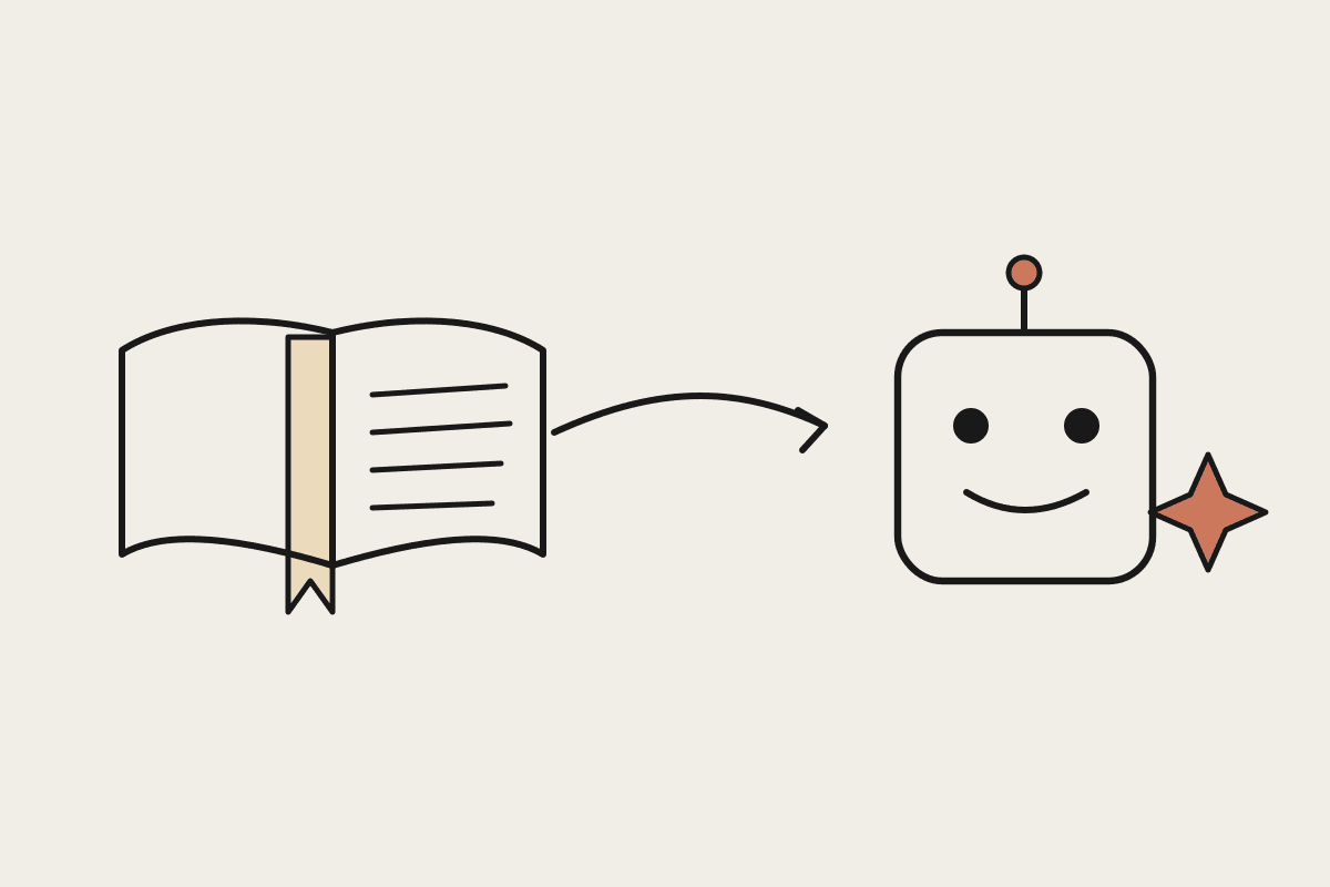 An open manual with a curved arrow flowing into a friendly agent that acts on the steps.