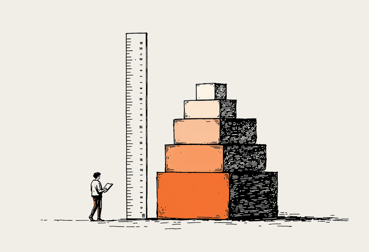 Hand-drawn illustration of a person measuring three blocks of different heights against a tall ruler