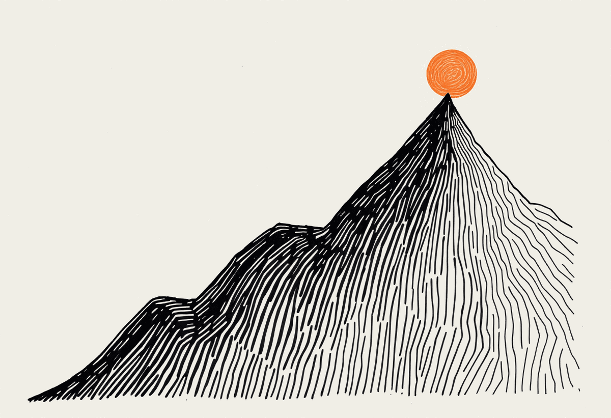 Hand-drawn upward-trending line on a notebook page ending in a small terracotta sun