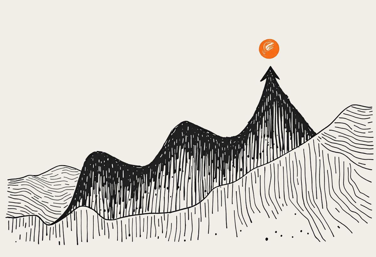 Hand-drawn upward trending line on a notebook page ending in a small terracotta sun