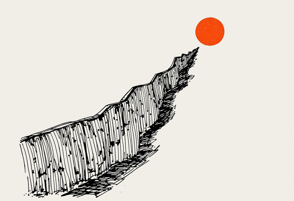 Hand-drawn upward-trending line on a notebook page ending in a small terracotta sun