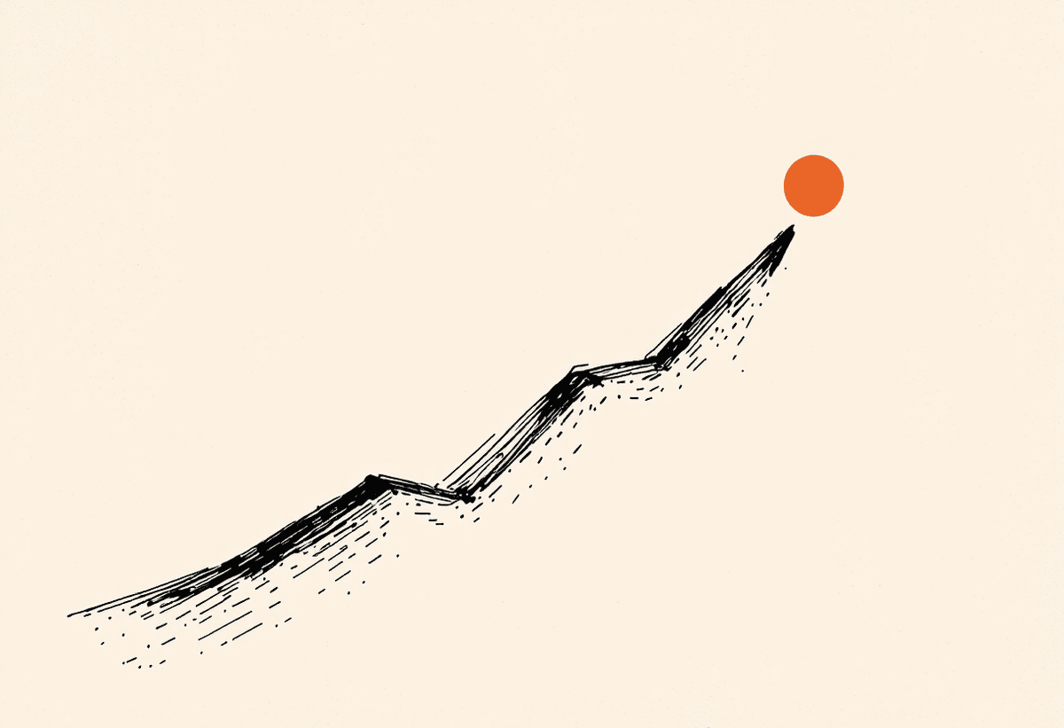 Hand-drawn upward-trending line on a notebook page ending in a small terracotta sun