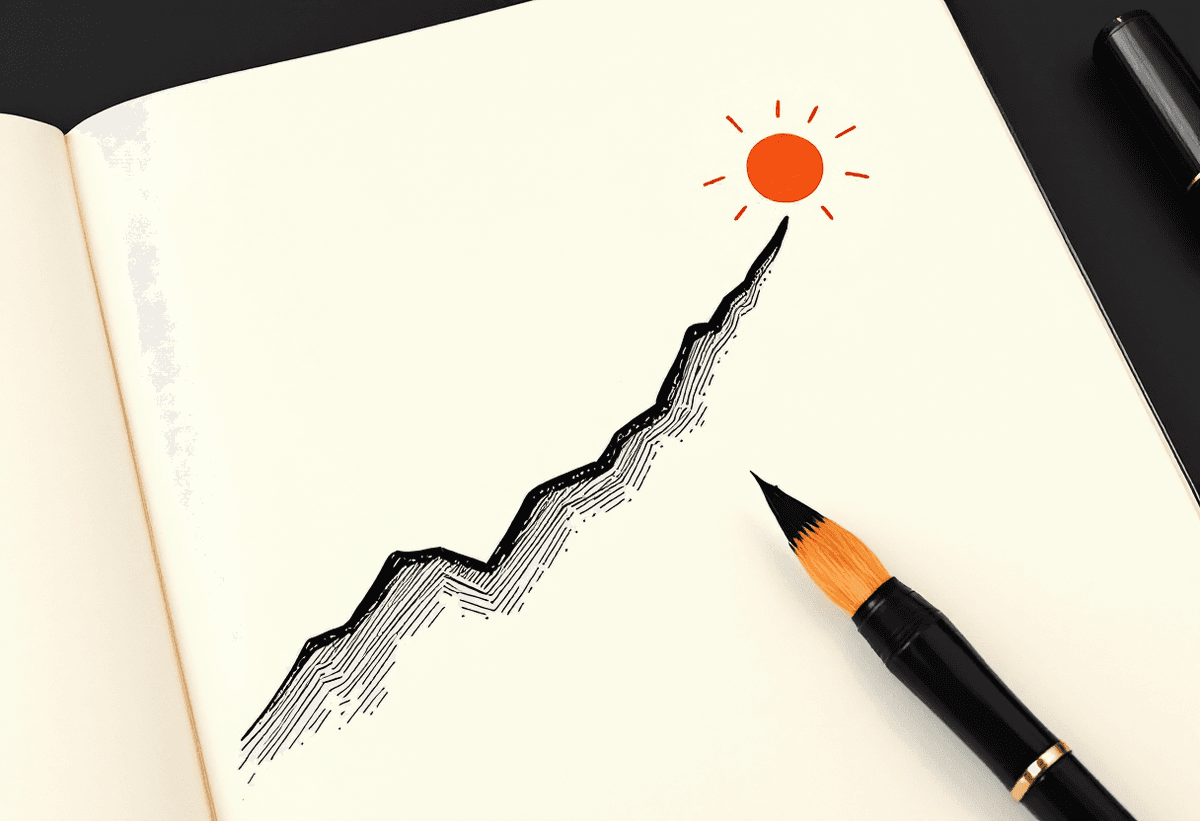 Hand-drawn ink illustration of an upward-trending line on a notebook page ending in a small terracotta sun
