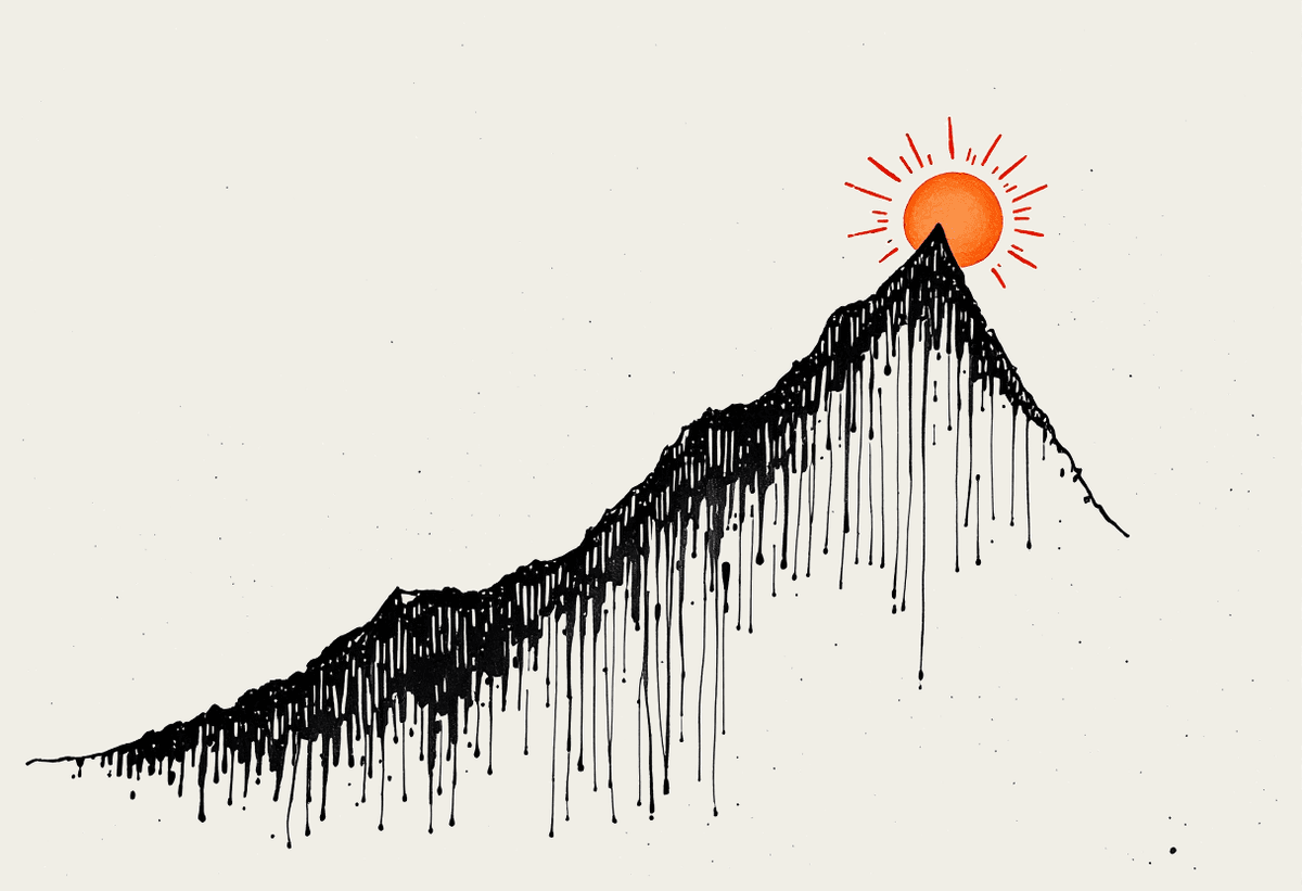 Hand-drawn upward-trending line on a notebook page ending in a small terracotta sun