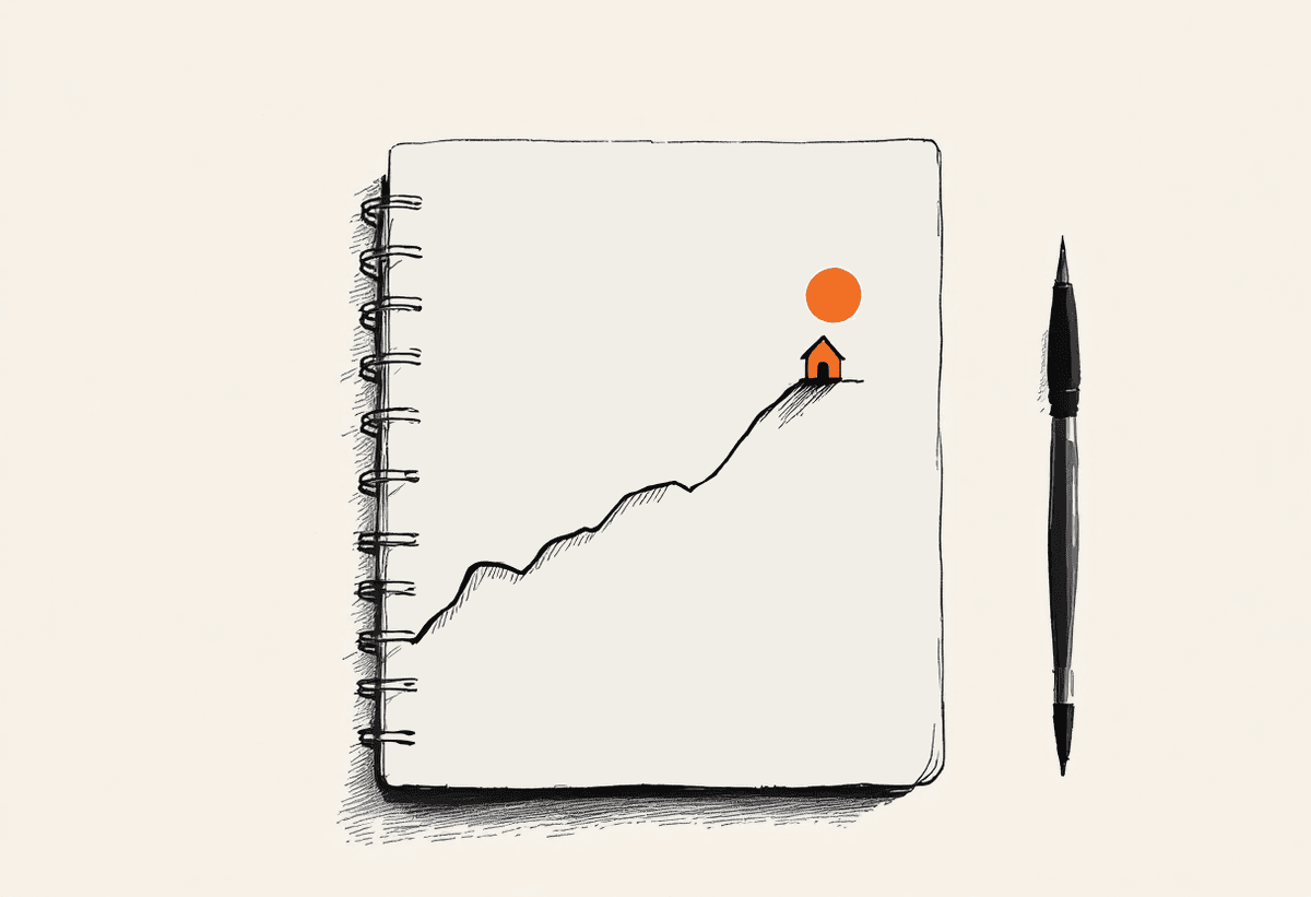 Hand-drawn upward line rising toward a small sun, illustrating time and value recovered by an agency
