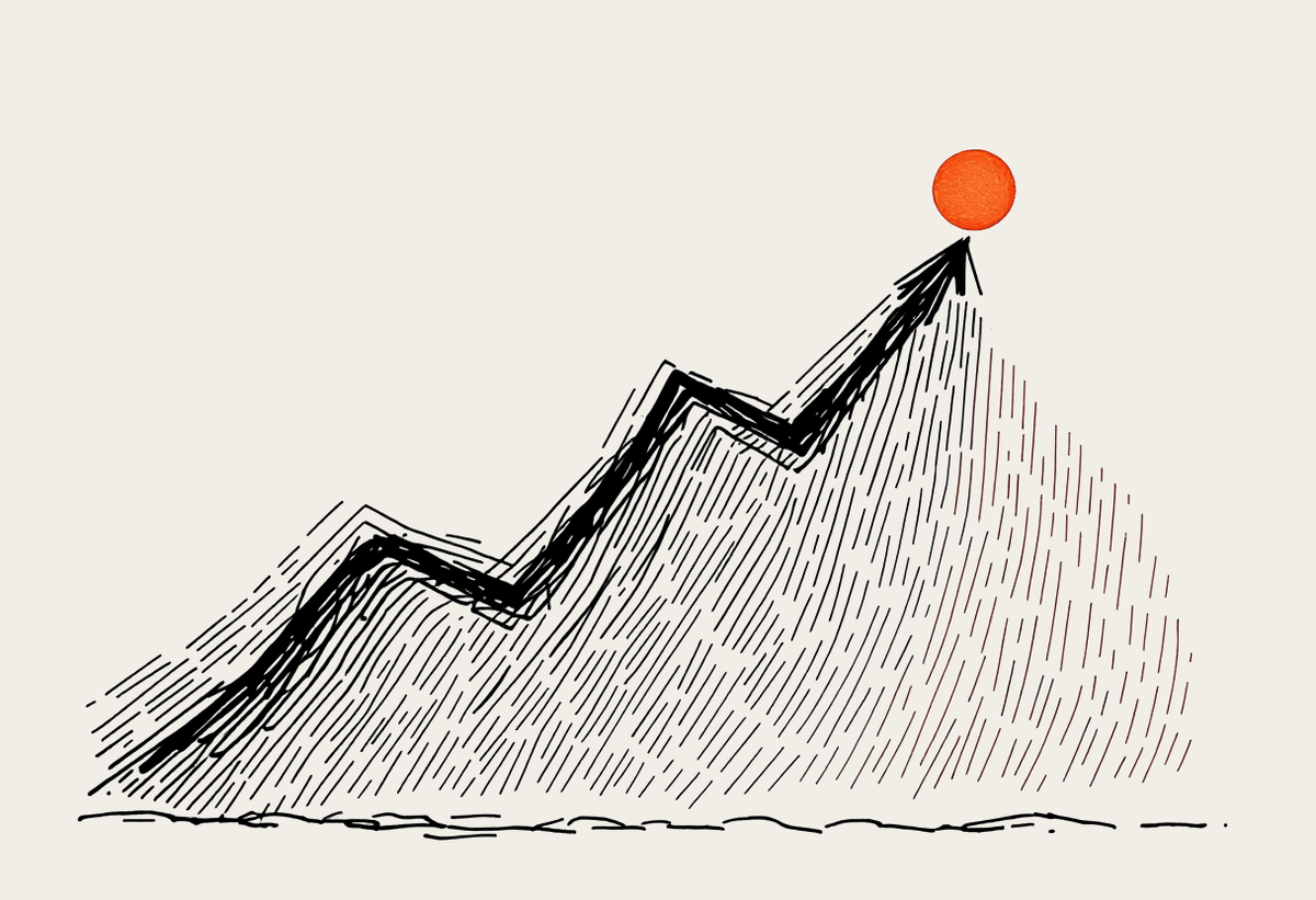 Hand-drawn upward-trending line on a notebook page ending in a terracotta sun
