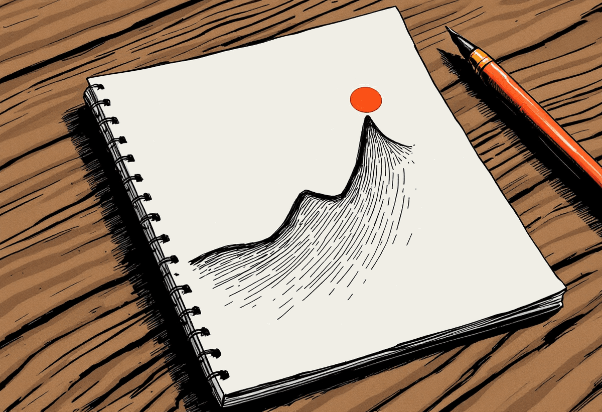 Hand-drawn upward-trending line on a notebook page ending in a small terracotta sun