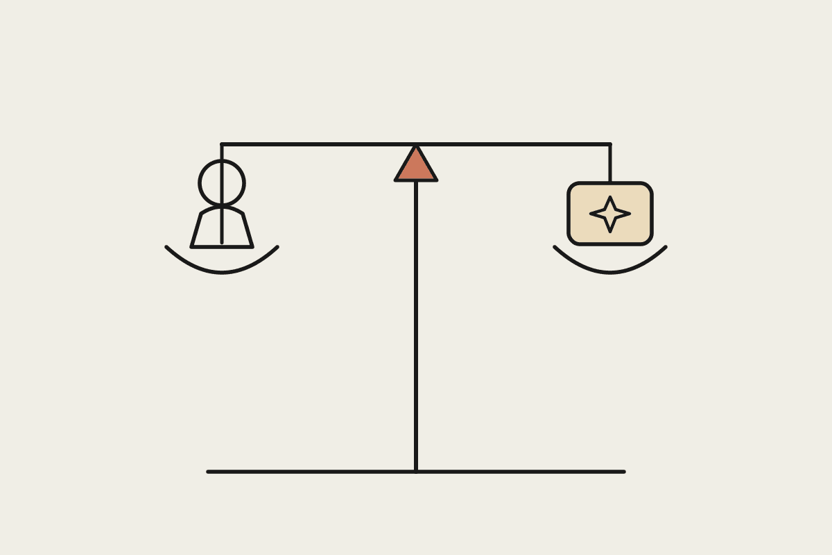 Balance scale weighing a person figure against a screen with a spark icon, representing the Claude versus junior hire comparison
