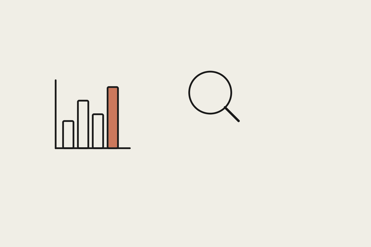 Bar chart with one terracotta bar next to a magnifying glass, representing competitor price tracking