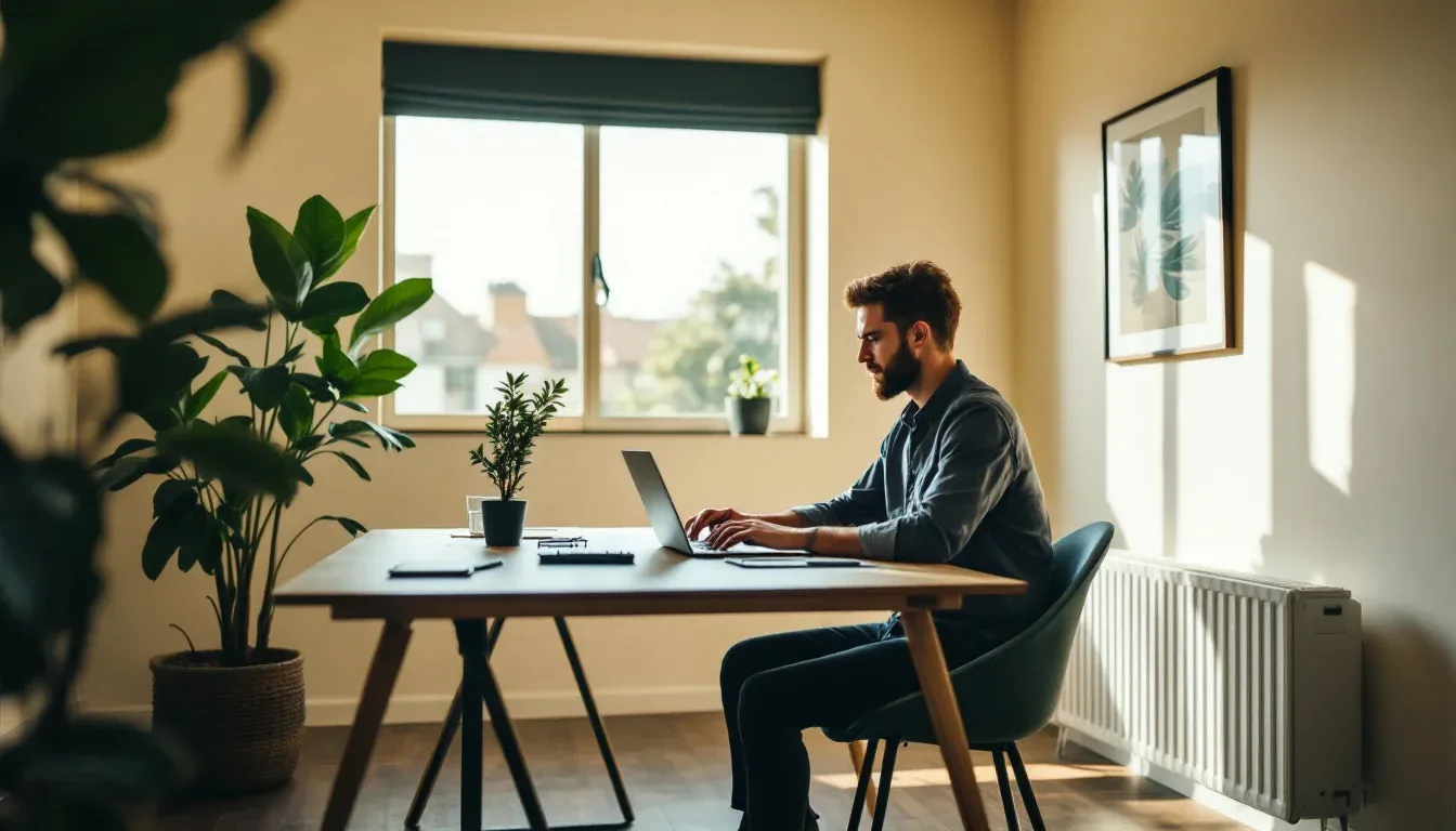 Business owner weighing up Claude chat, Claude Code and Cowork on a laptop in a modern Australian office