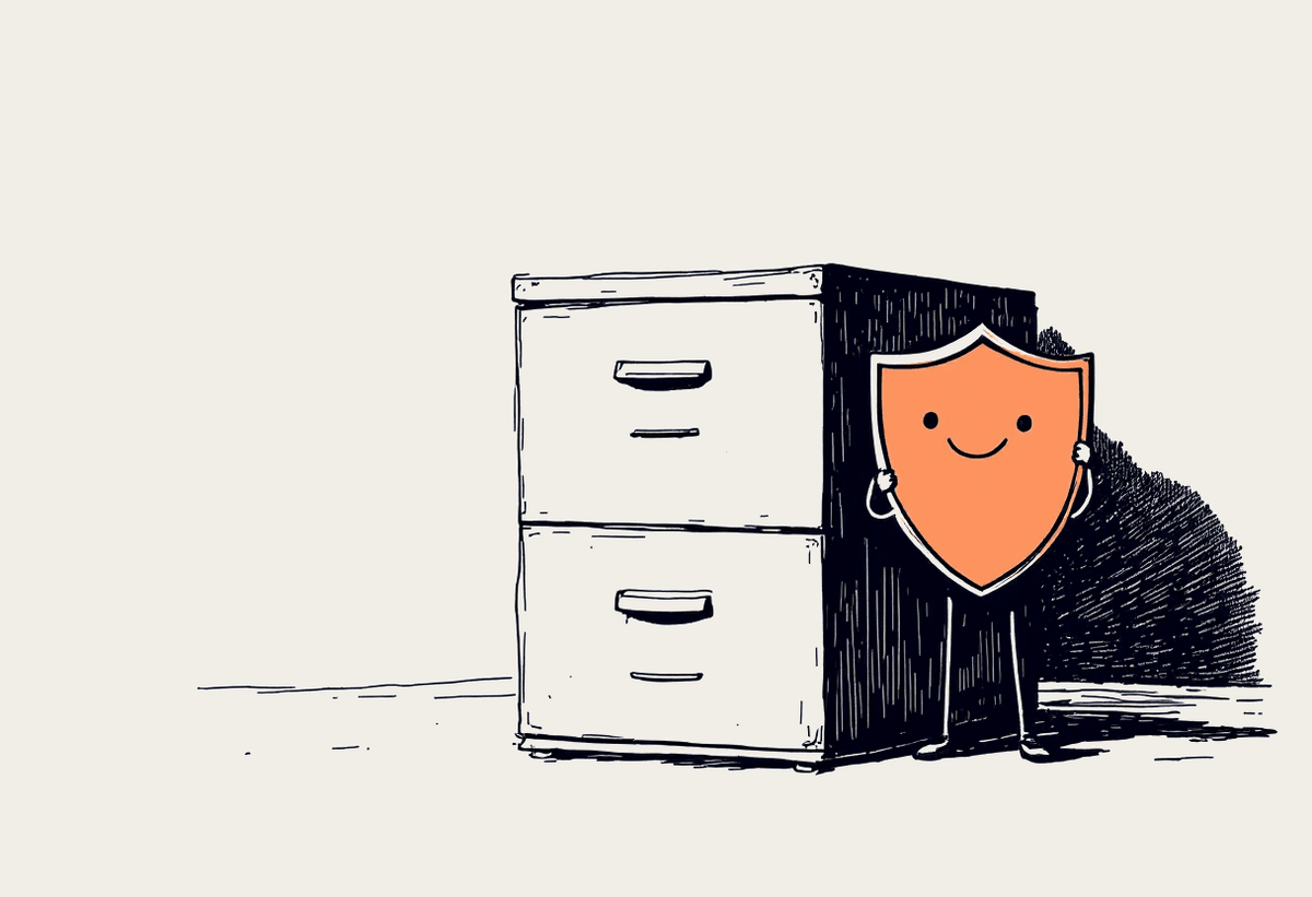 Hand-drawn illustration of an office filing cabinet beside a shield character, representing AI agent governance controls