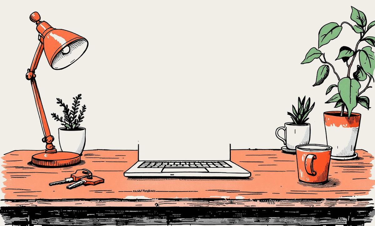Hand-drawn editorial illustration of a real estate desk with a laptop, house keys, a coffee mug and a small terracotta house.