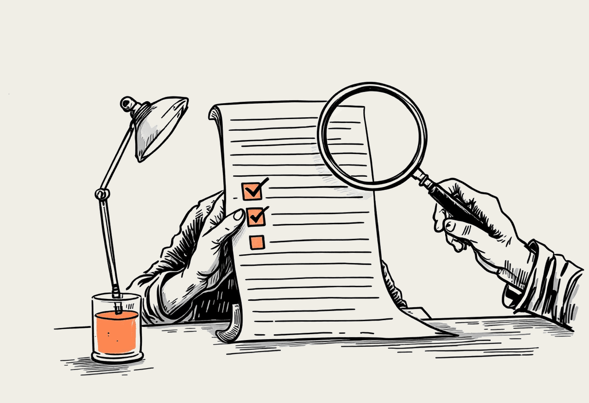 Hand-drawn illustration of an accountant reviewing a ledger against a month-end checklist