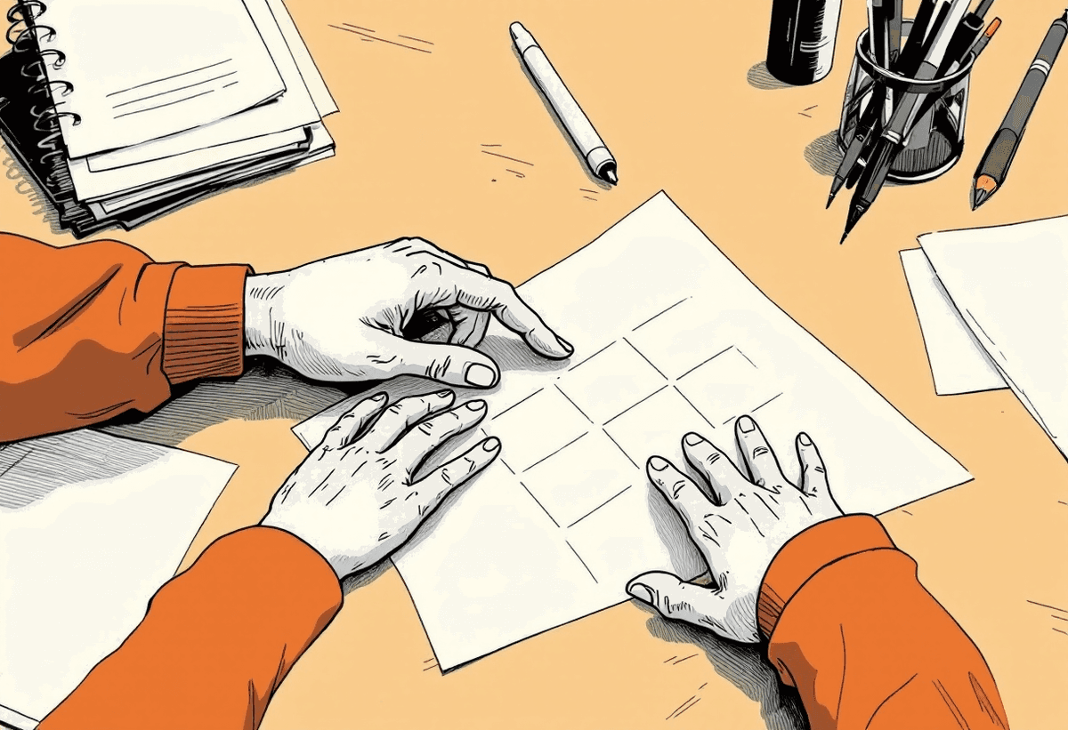 Two hands reaching toward a spreadsheet grid from opposite sides, one drawn in terracotta