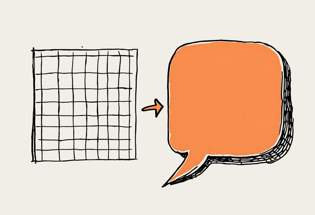 Hand-drawn illustration of a spreadsheet grid linked by an arrow to a chat bubble