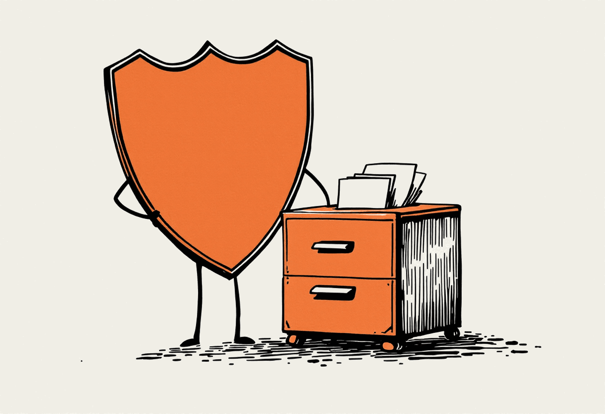 Hand-drawn illustration of a filing cabinet beside a protective shield, representing controlling what ChatGPT stores about your business