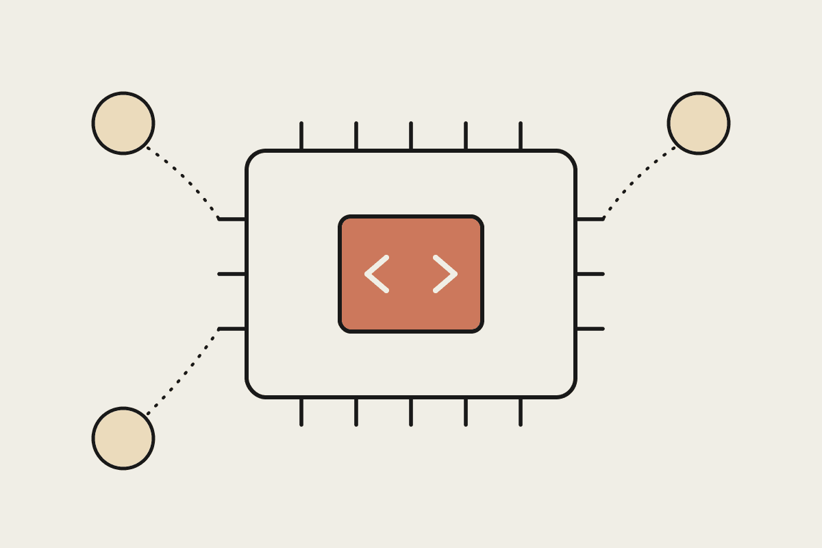 Circuit board illustration with a code-bracket chip at the centre, connected to three sensor nodes, representing Claude Code reviewing embedded and IoT firmware.