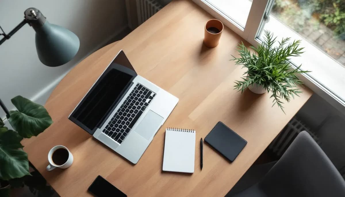 A developer's desk with a laptop, notebook and coffee in soft natural light