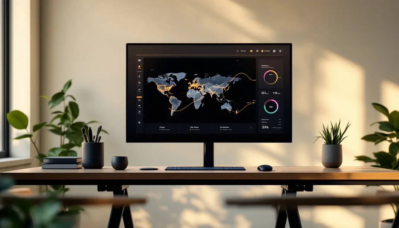 An interactive 3D globe logistics dashboard rendered on a widescreen monitor
