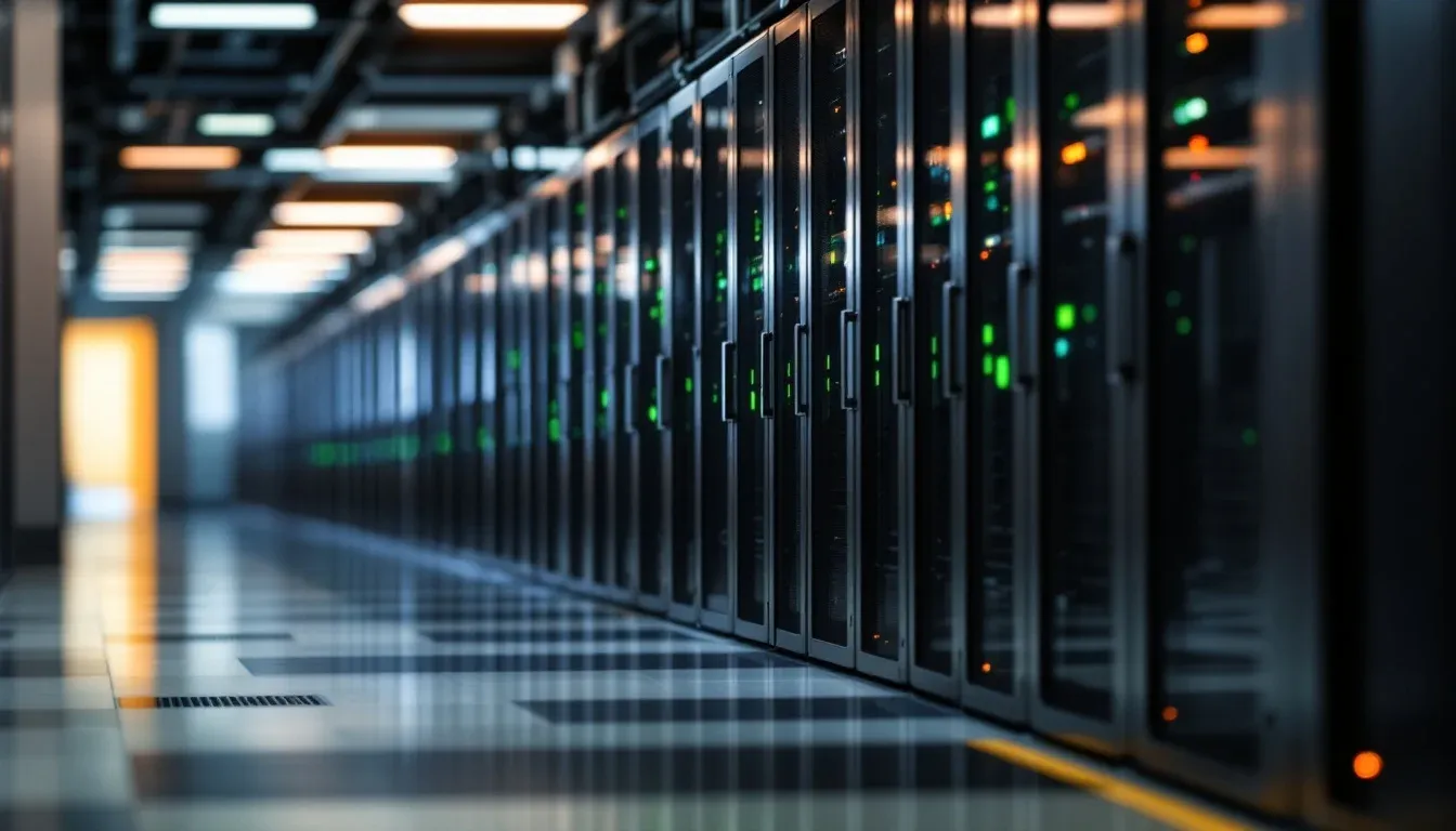 Server racks in a modern data centre, the production infrastructure behind AI agents