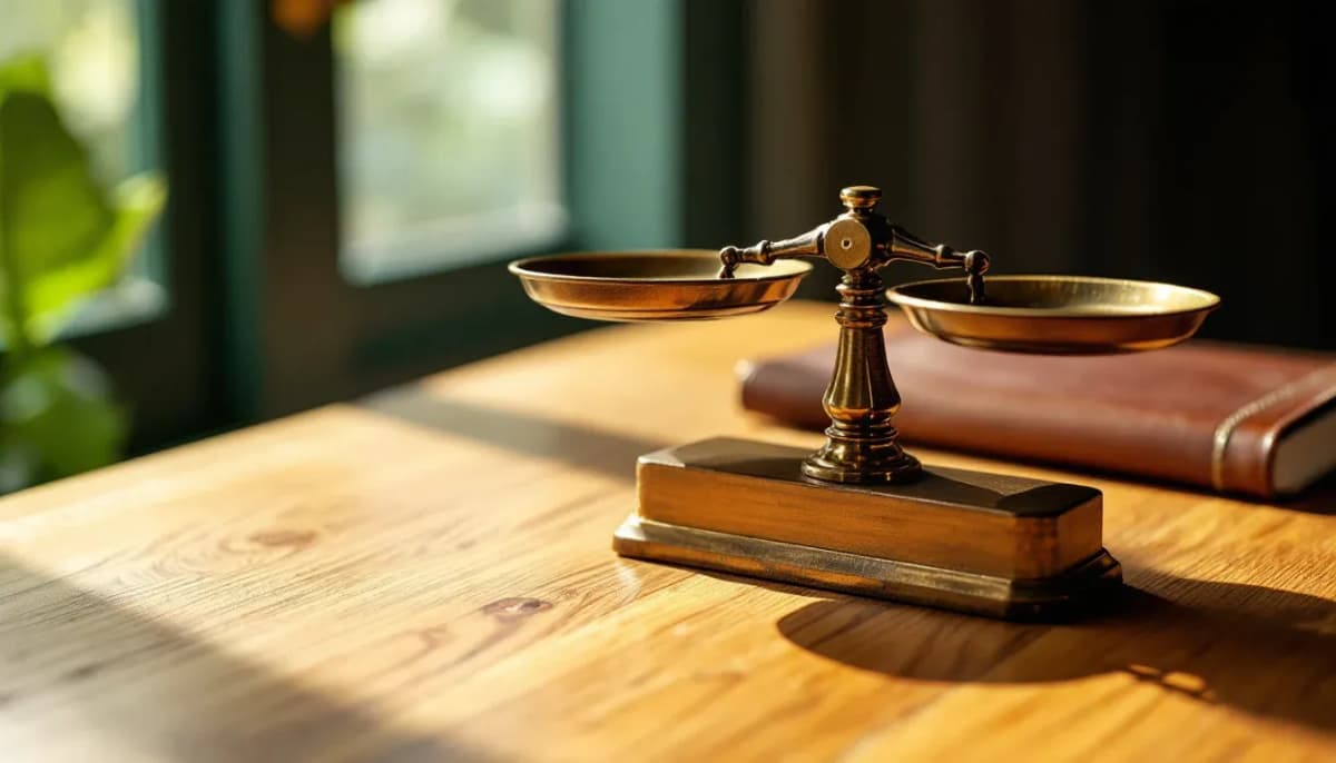 Balanced brass scales on a desk, representing weighing AI models on your own evidence rather than a launch benchmark