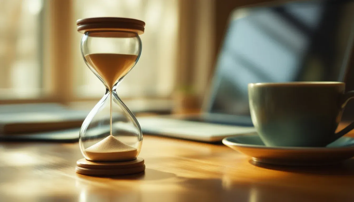 An hourglass beside a laptop on a desk, evoking a short-lived sixty-minute deployment window