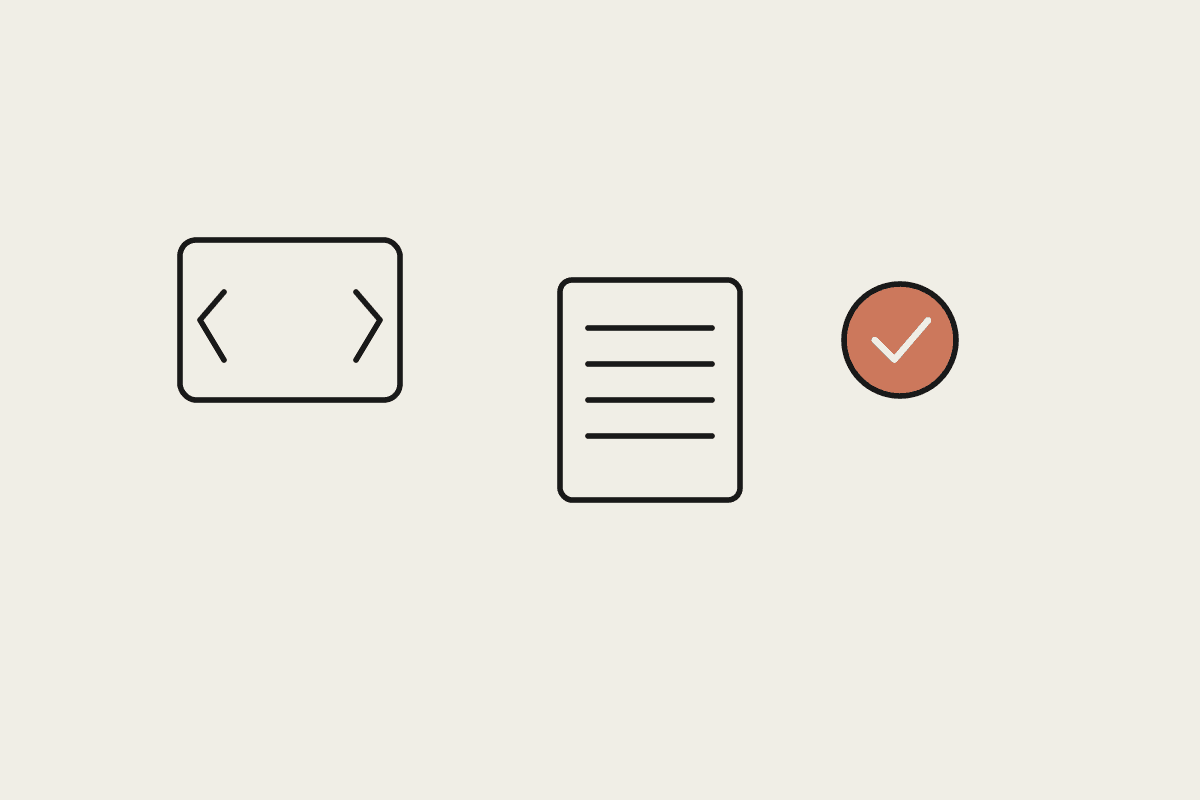 Code brackets, a document, and a terracotta check mark