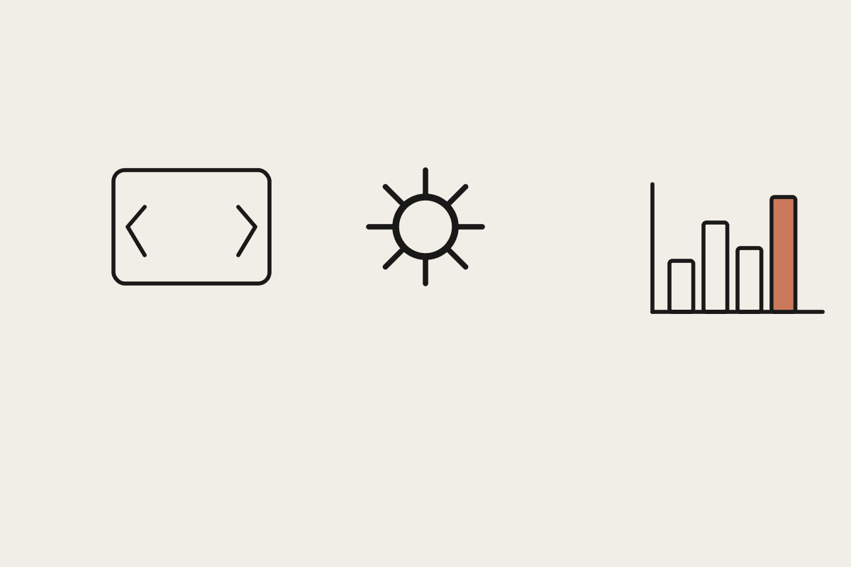 Code brackets, a gear, and a terracotta bar chart