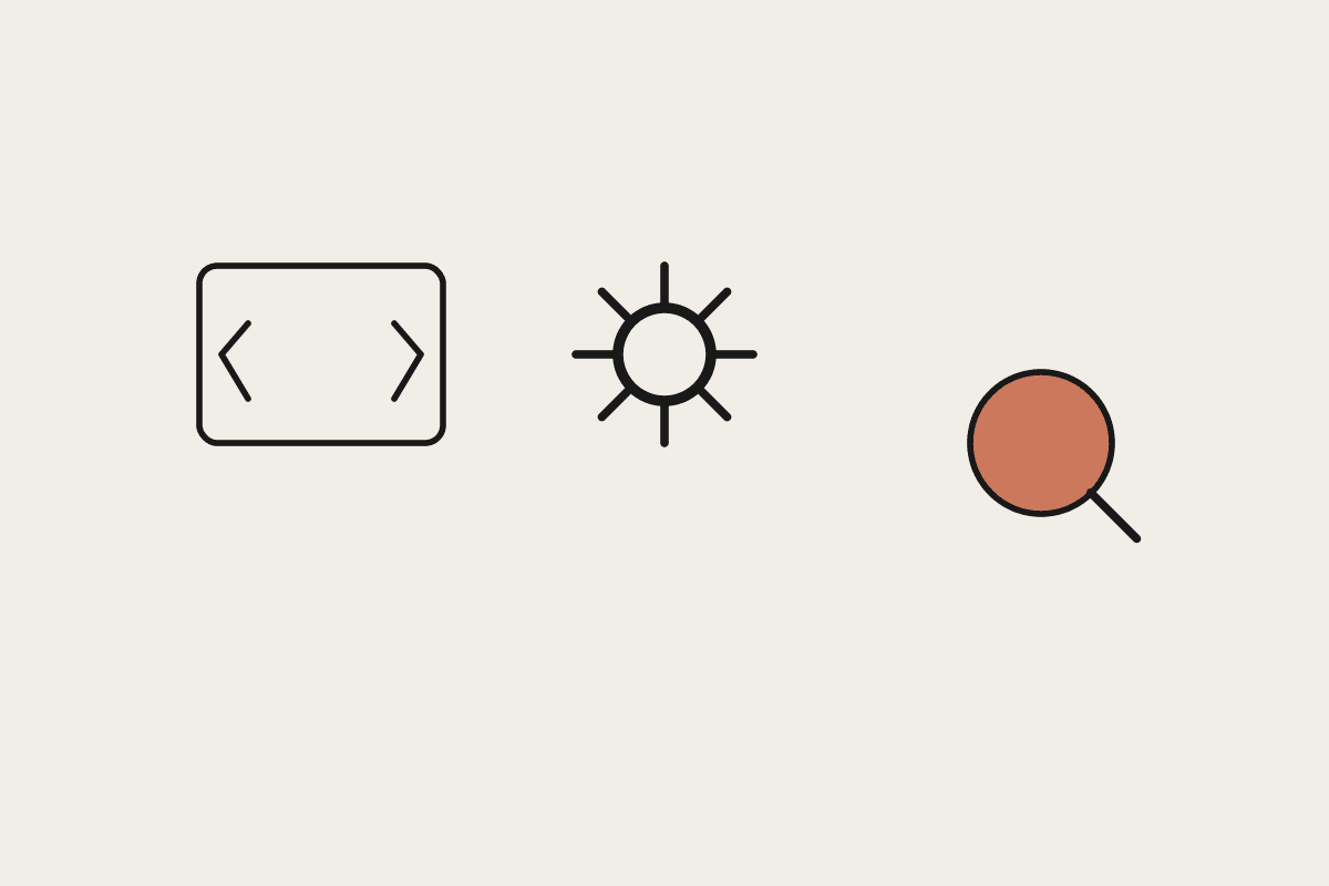 Code brackets, a gear, and a terracotta magnifying glass