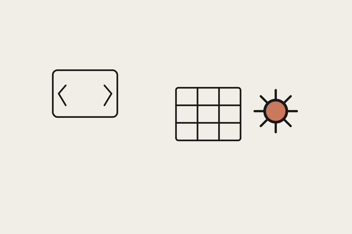 Code brackets, a grid, and a terracotta gear