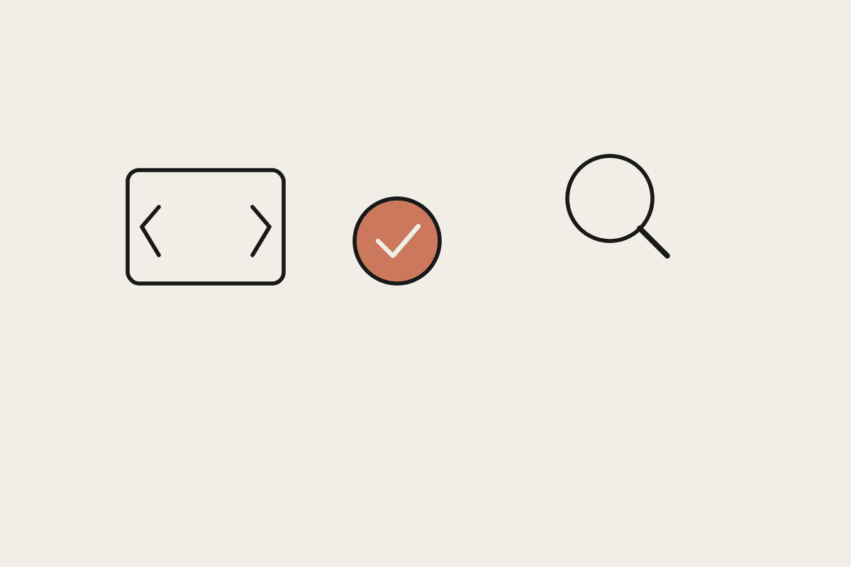 Code brackets, a terracotta check mark, and a magnifying glass