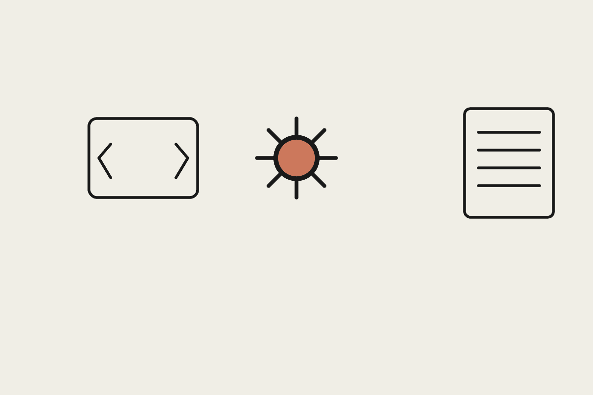 Code brackets, a terracotta gear, and a document