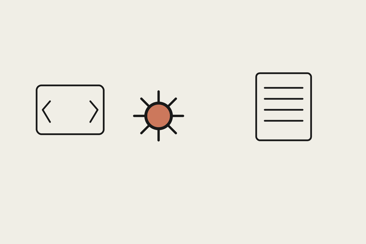 Code brackets, a terracotta gear, and a document