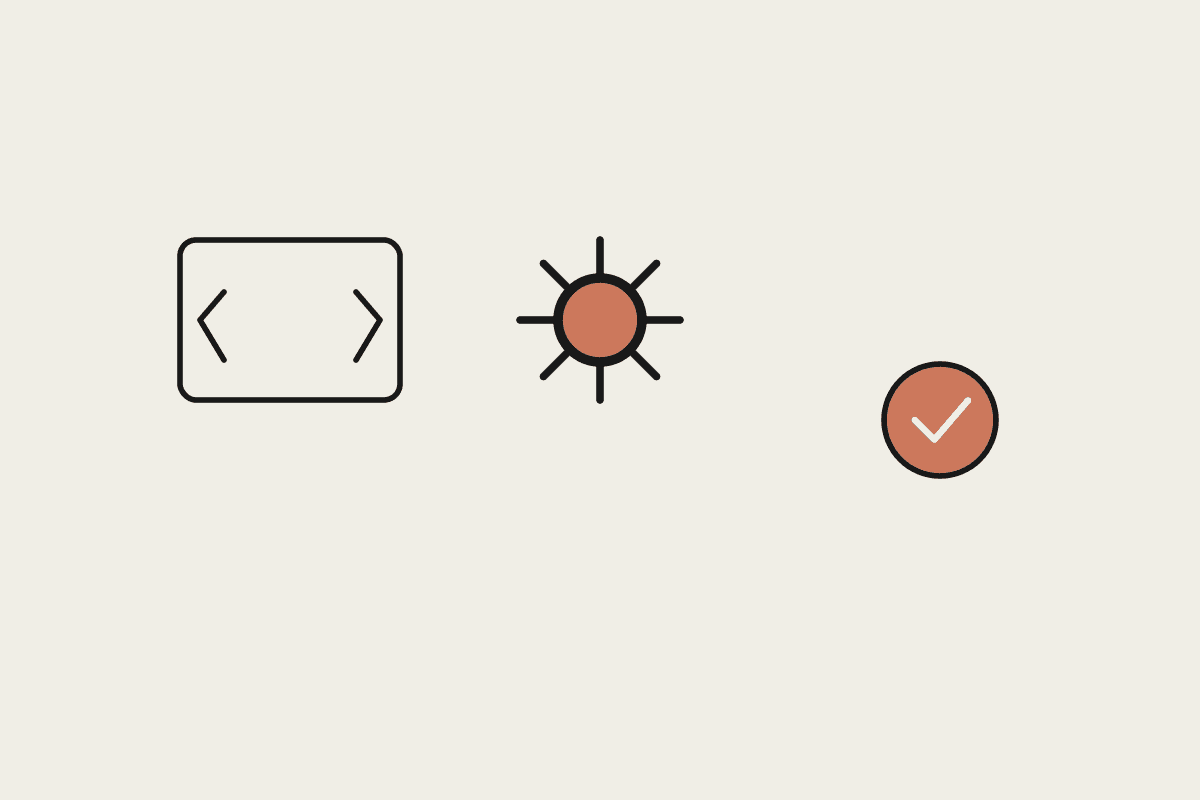 Code brackets, a terracotta gear, and a terracotta checkmark