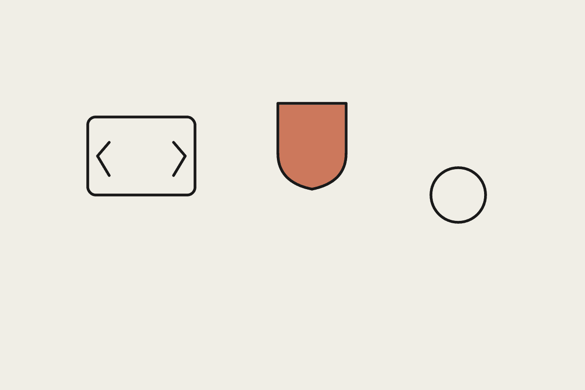 Code brackets, a terracotta shield, and a checkmark