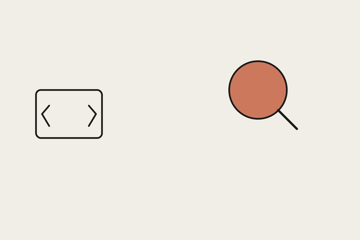 Code brackets and a magnifying glass over a terracotta lens