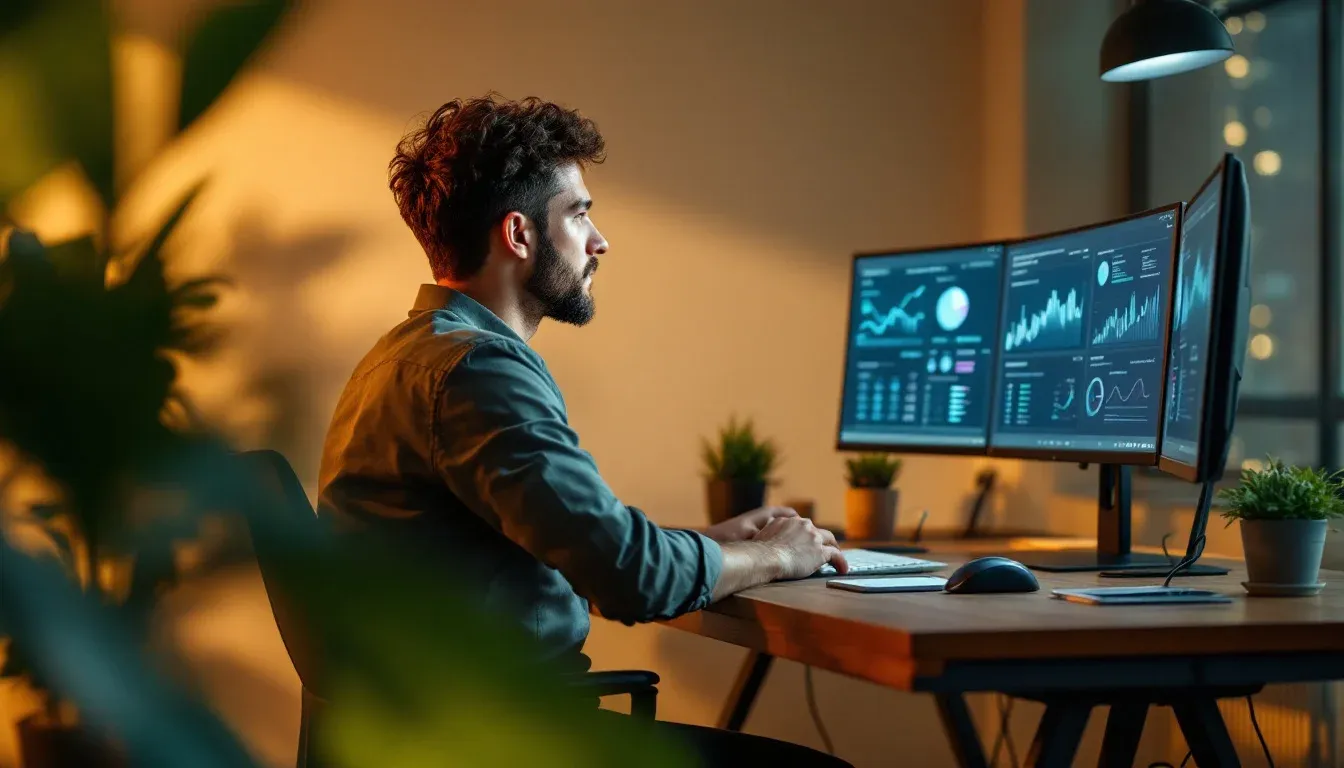 Data analyst reviewing analytics dashboards on dual monitors in a modern office