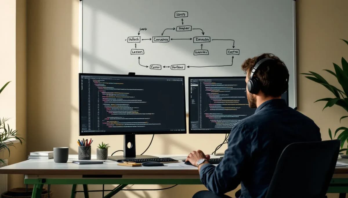 Developer at workstation with loop workflow diagram visible on whiteboard